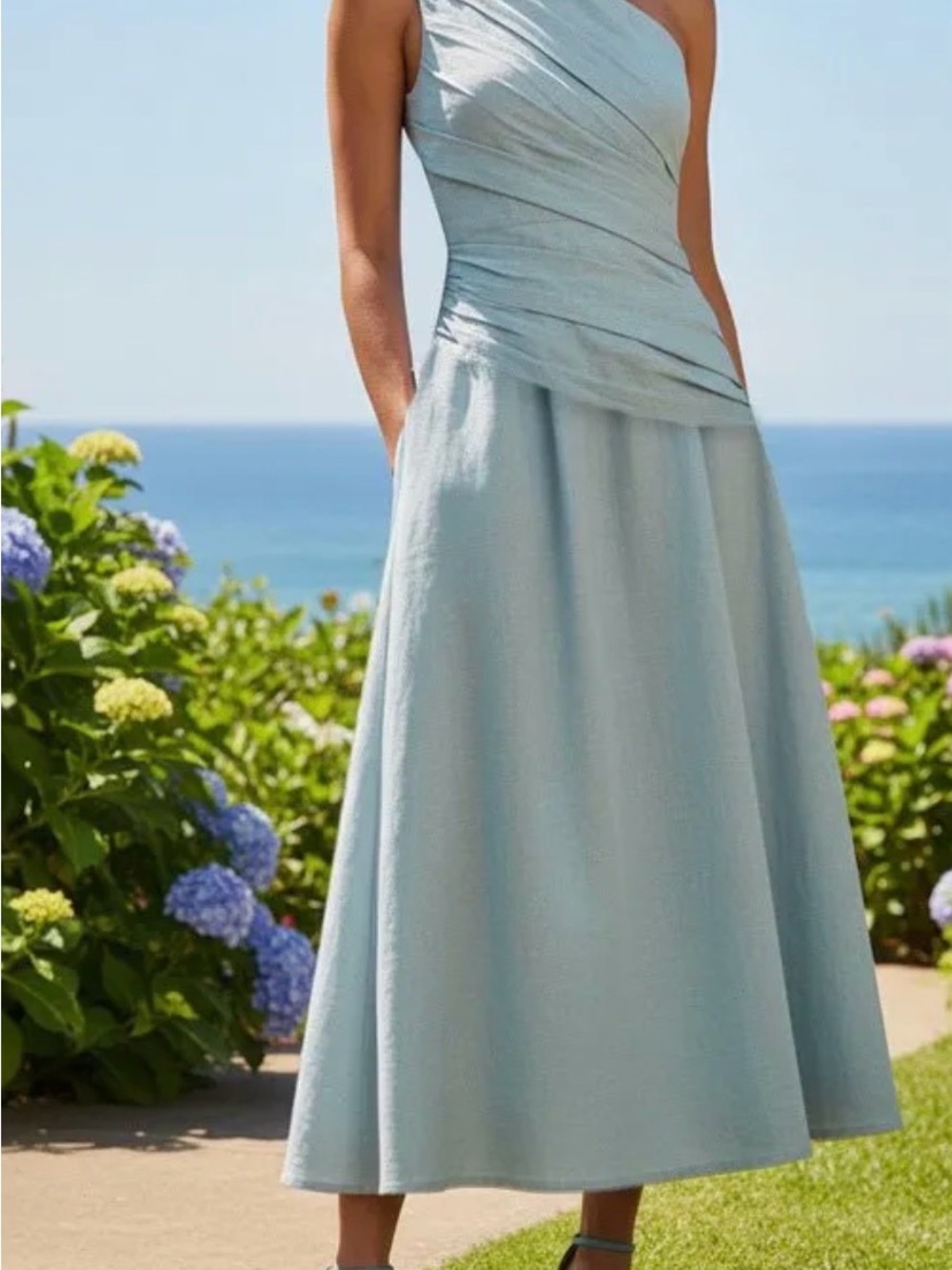 Midi Cotton Dress, Sleeveless, One Shoulder, Plain, French Vintage, Blue